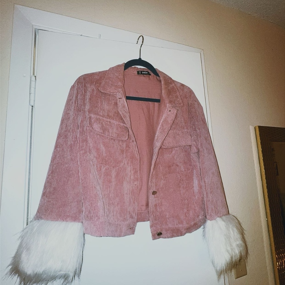 Pink jacket with fur trim sleeves